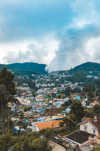 High angle view of townscape against sky