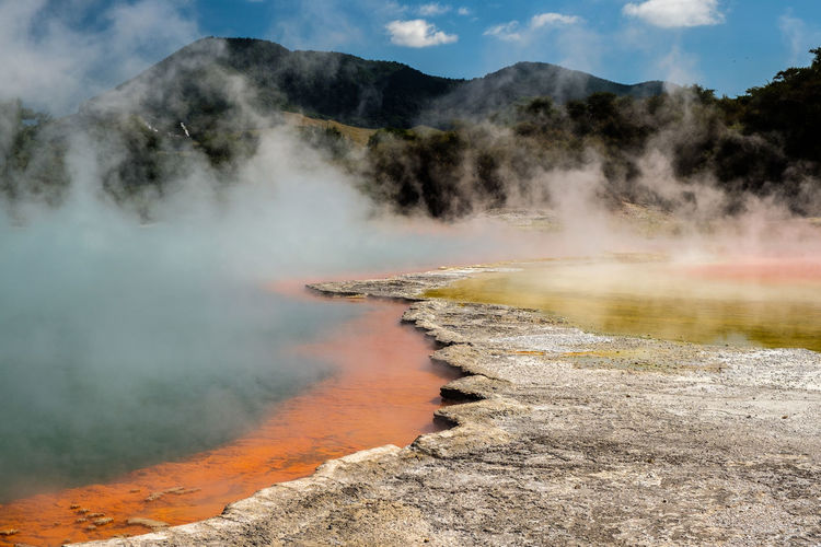 Surreal shore of the champagne pool within the waiotapu geothermal area in the north islland, nz