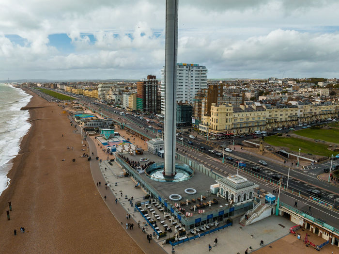 Aerial view of british airways i360 observation deck in brighton, uk.