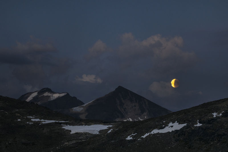 Lunar eclipse over mountains with remainders of glaciers in jotunheimen