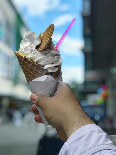 Close-up of hand holding ice cream cone the sky