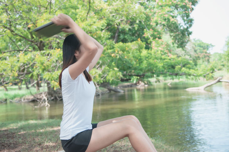Woman standing in lake