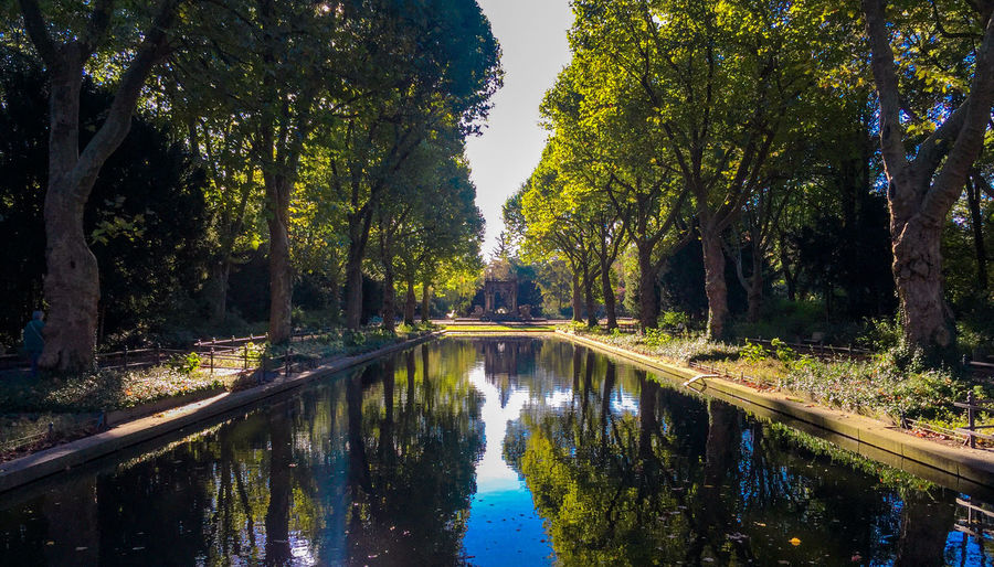 View of canal along trees in park