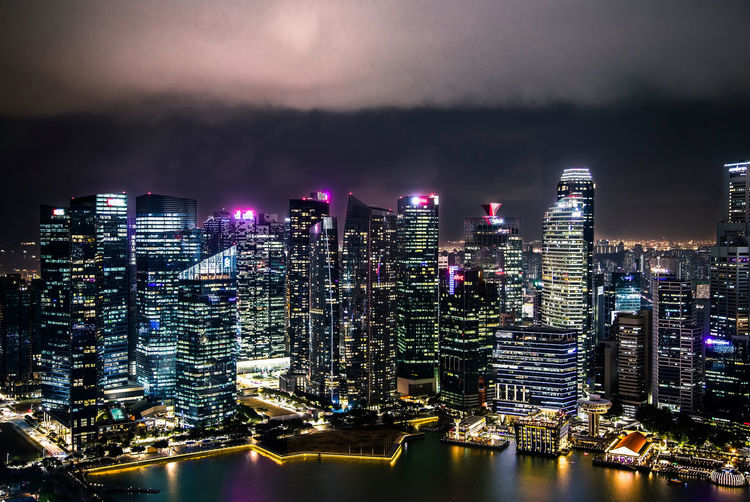 Night high angle view of singapore skyline and skyscrapers at marina bay, south asia