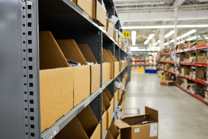 Boxes on shelf in warehouse