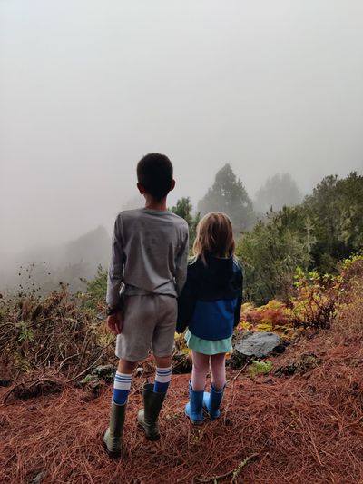 Boy and girl watching the mist in the forest