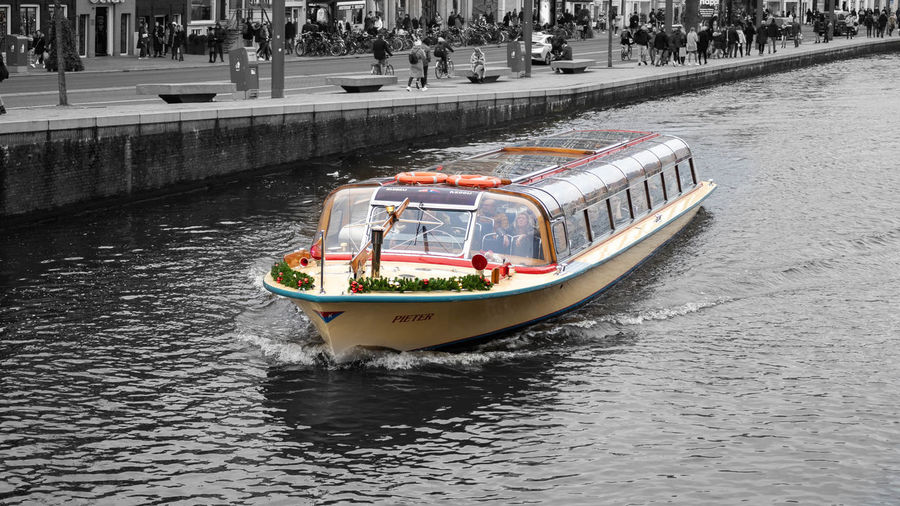 High angle view of boats in river