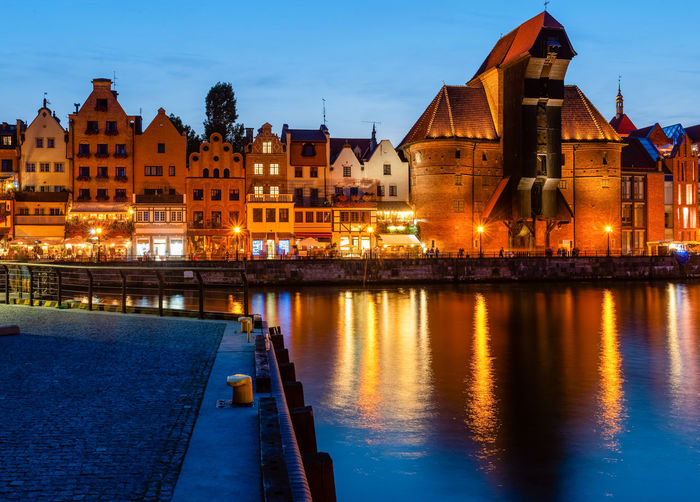 Gdansk night city riverside view. view on famous crane and old houses in gdansk city. poland.