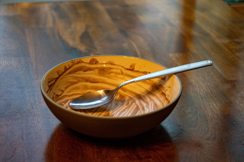 High angle view of bread in bowl on table