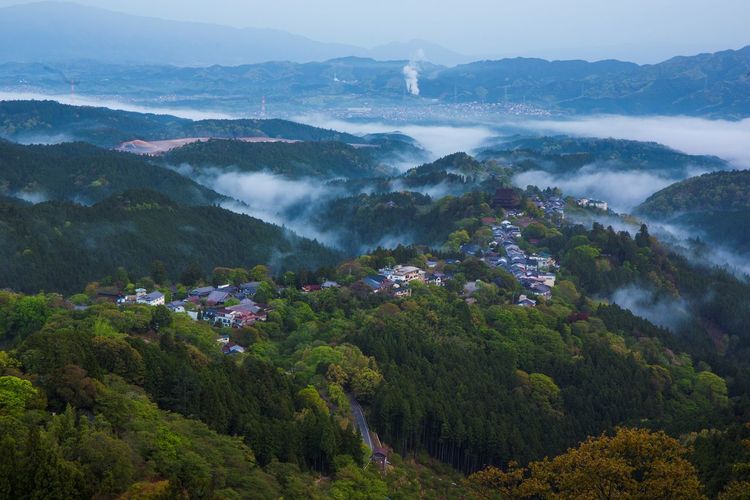 High angle view of trees and mountains against sky