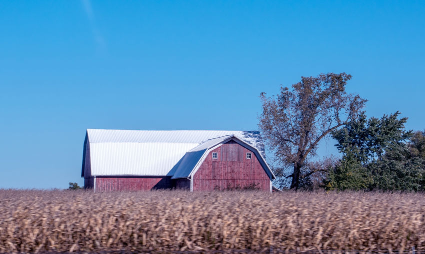 Barn on field against clear blue sky