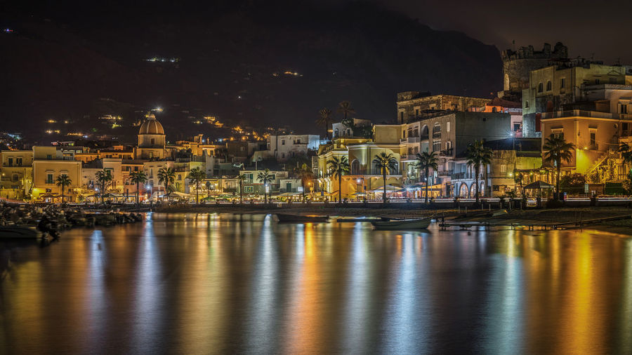 Night view of forio marina in ischia, a pretty fishing village, ischia, italy