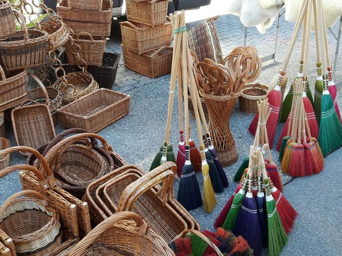 High angle view of whicker handicraft displayed at street market