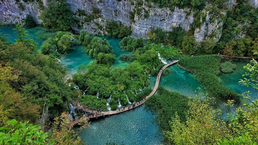 High angle view of boardwalk at plitvice lakes national park