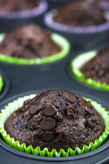 Close-up of chocolate chip muffins in tray