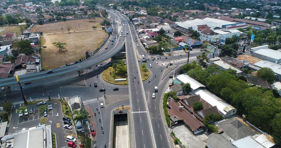 High angle view of traffic on road in city