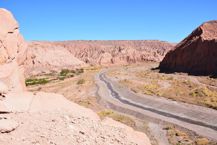Scenic view of desert against clear blue sky