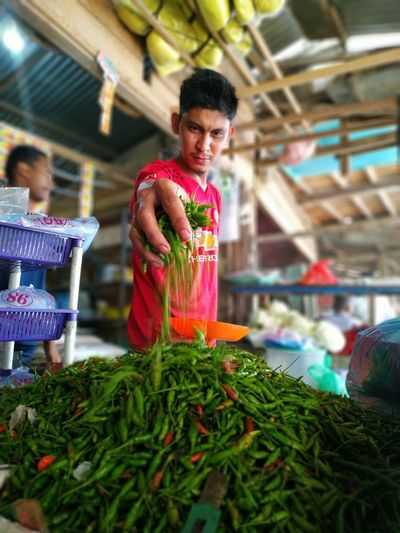 Low angle view of vendor holding green chili pepper in market