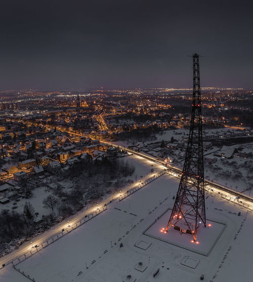 High angle view of illuminated city buildings during winter