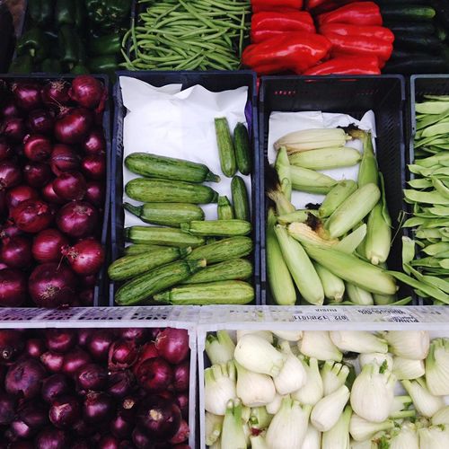 High angle view of vegetables for sale at market stall