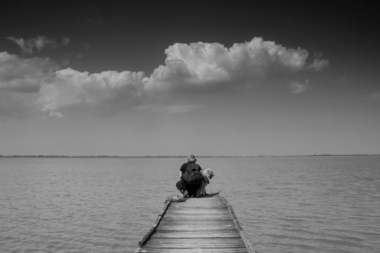 Woman and dog on a jetty watching the see. concept for serenity ,  social distance 