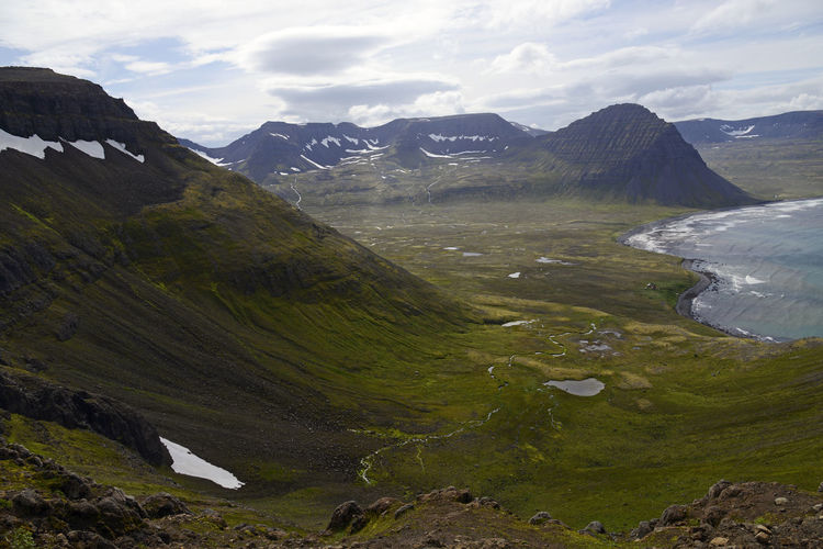 Scenic view of mountains against cloudy sky