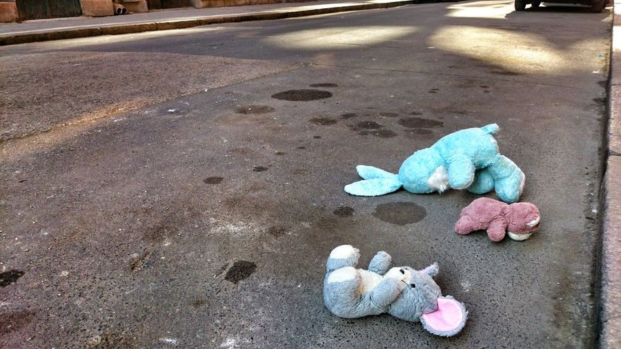 Stuffed toys on street