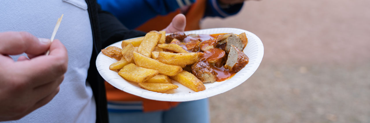 Paper plate with traditional german currywurst and french fries, banner