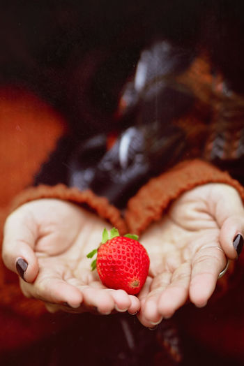 Midsection of person holding strawberry