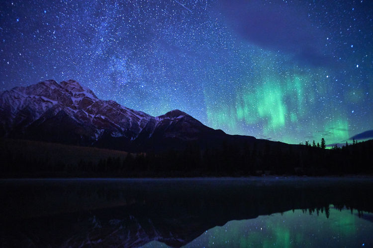 Scenic view of snowcapped mountains against sky at night