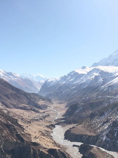 Scenic view of snow covered mountains against clear sky