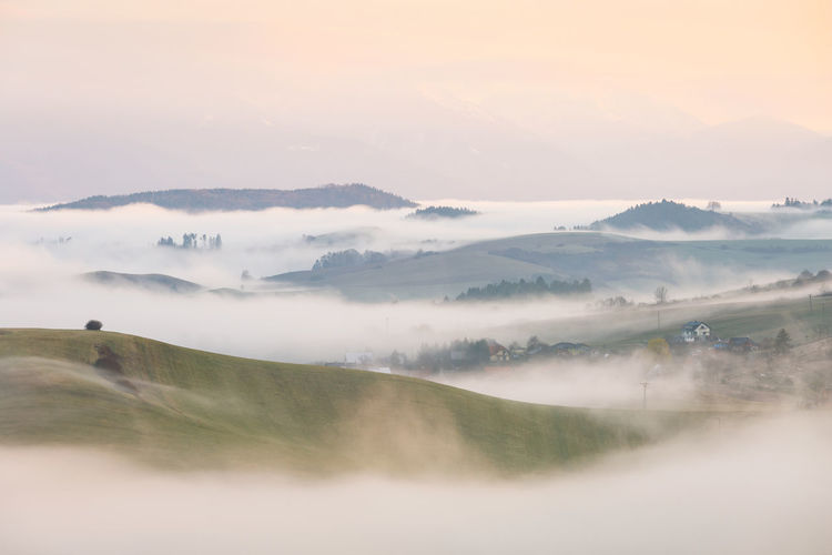 Rural foggy landscape in turiec region, northern slovakia.