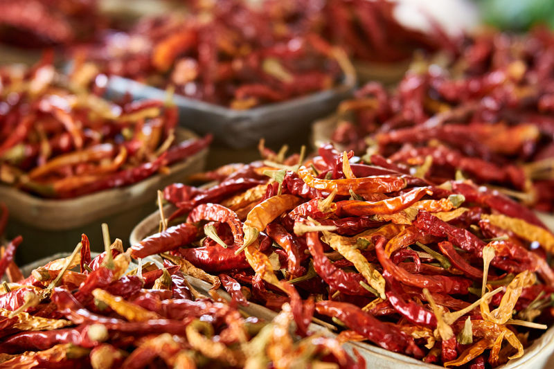 Close-up of dry red chili peppers for sale