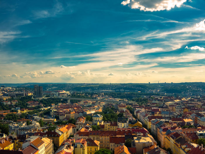 Aerial view of prague during very hot summer day with beautiful sky and clouds