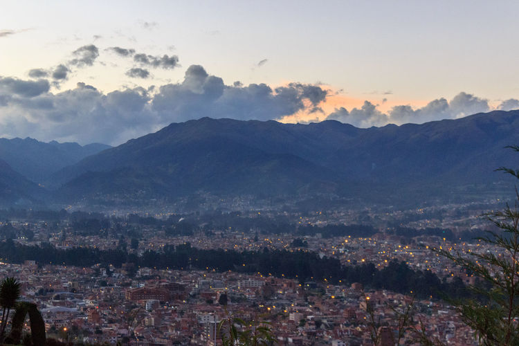 High angle view of townscape against sky during sunset