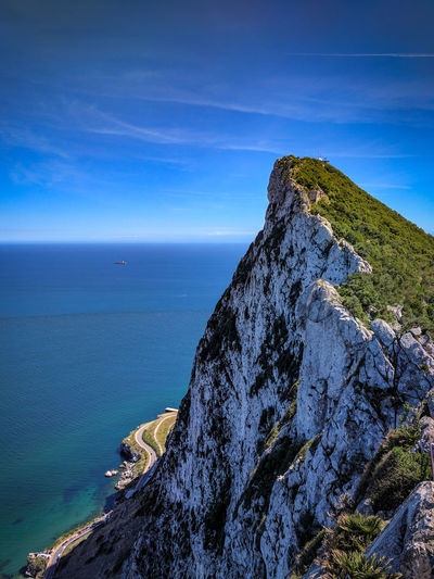 White cliffs off gibraltar over sea with blue sky