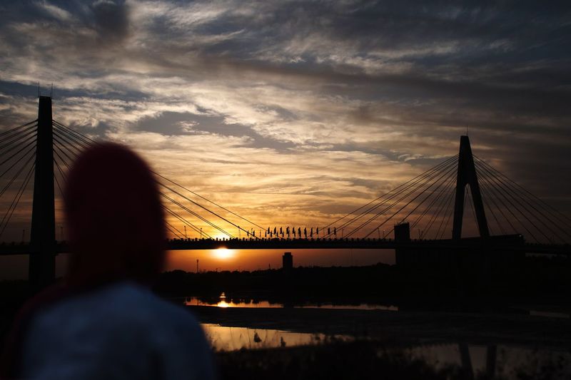 Rear view of man looking at bridge against sky
