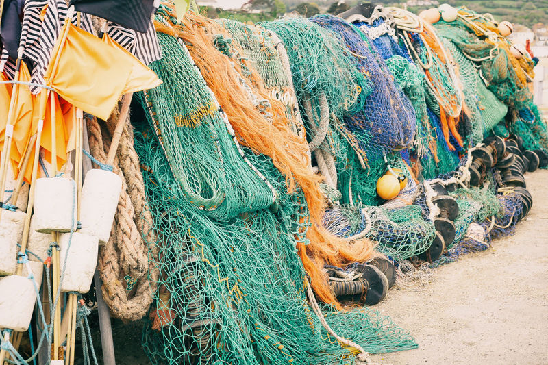 High angle view of fishing net on rope