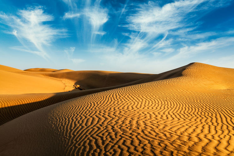 Rear view of woman standing on sand dune in desert against sky