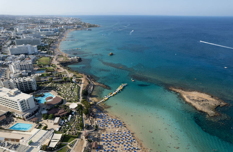 Aerial drone photograph of fig tree bay beach. summer vacations cyprus.