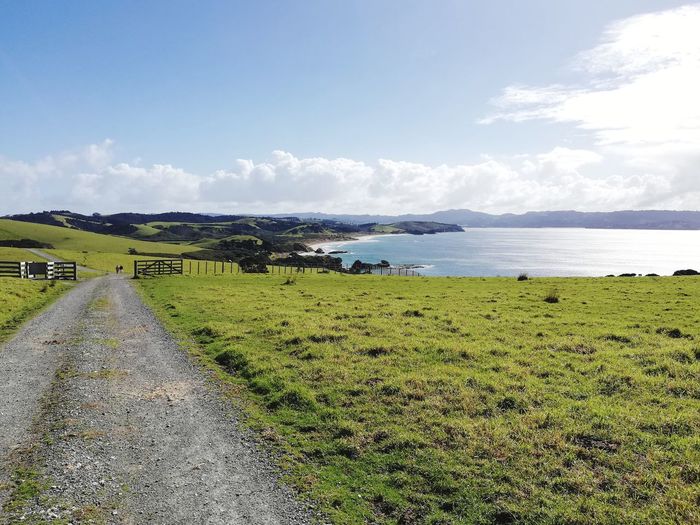 Scenic view of road by sea against sky