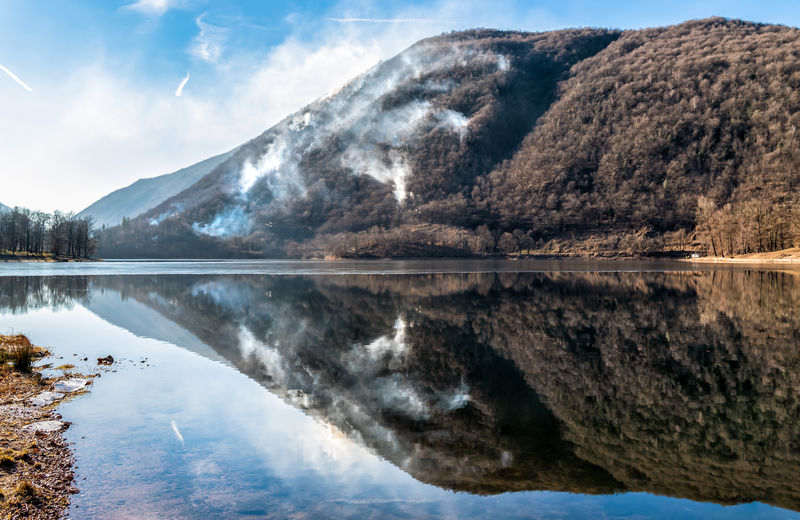 Scenic view of lake and mountains against sky