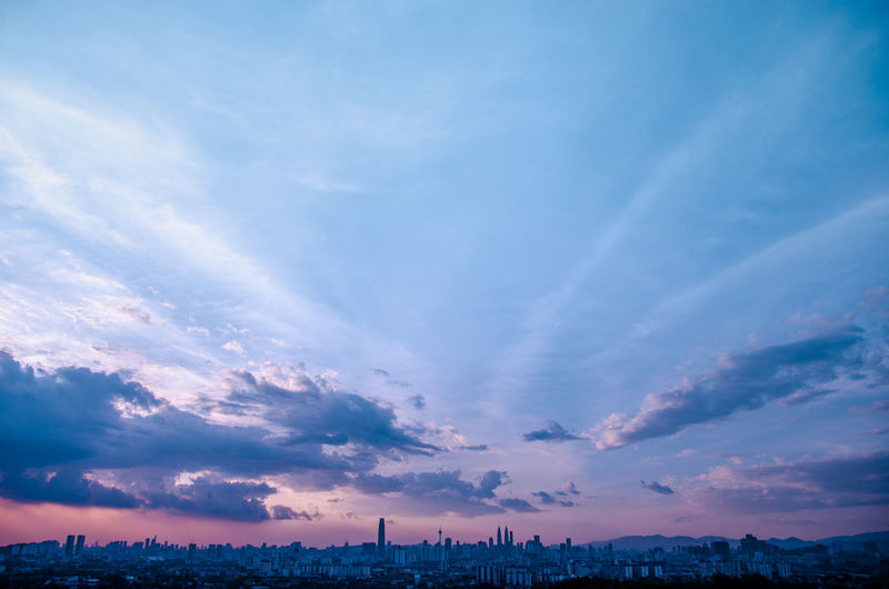 Panoramic view of city against sky at sunset