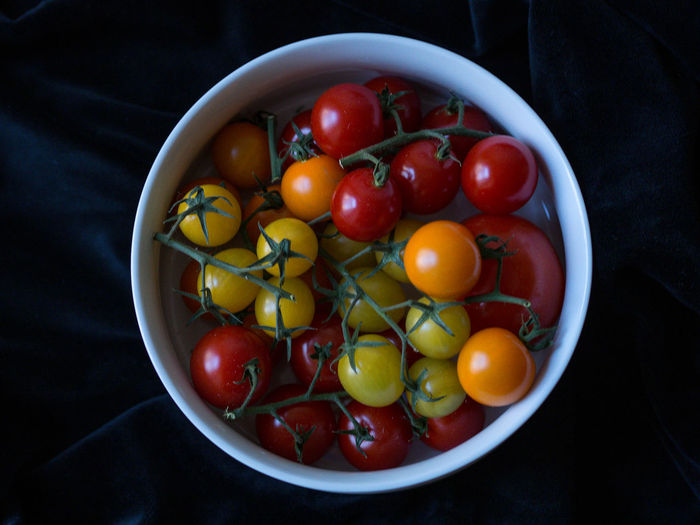 High angle view of cherries in bowl