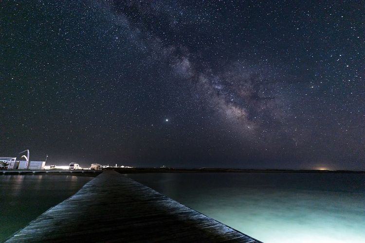 Scenic view of sea against sky at night with the milkyway