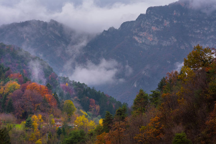 Scenic view of mountains against sky during autumn