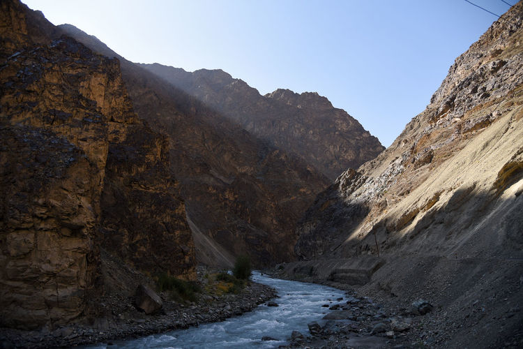 River sindh flow in between mountain next to highway leading to leh-ladakh on 29 june 2020.