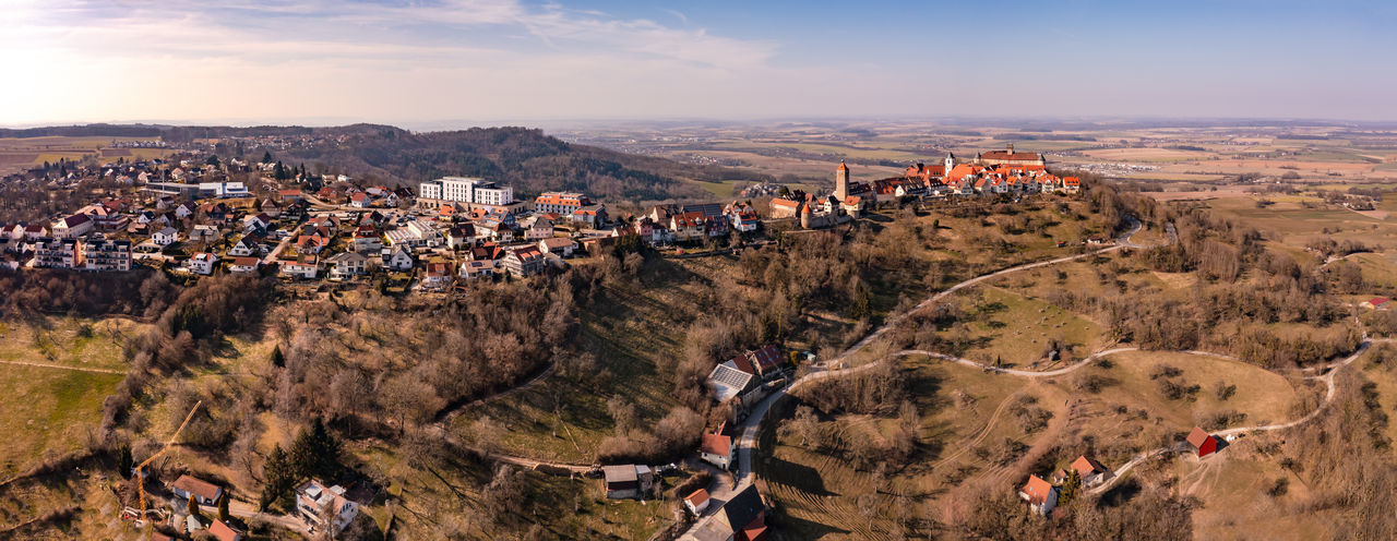 Panorama view of the city and old town of waldenburg in hohenloher ebene from a drone perspective