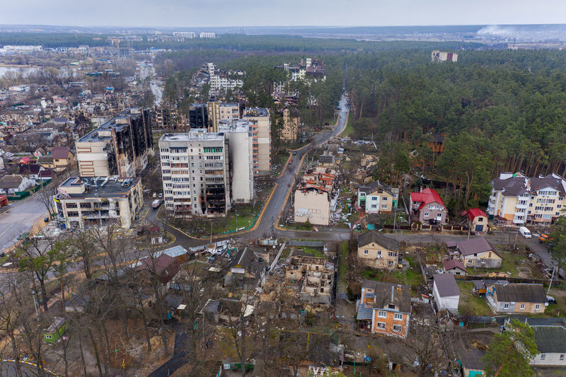 The aerial view of the destroyed buildings. the buildings were destroyed by russian rockets. 