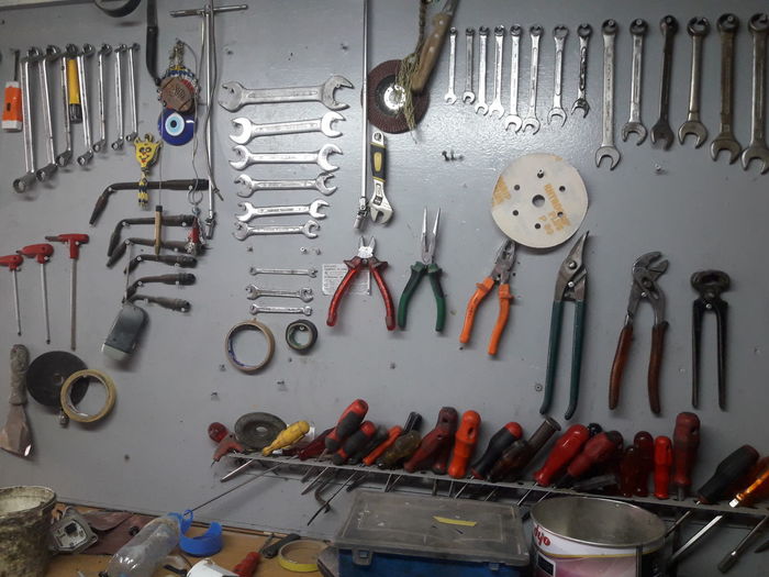 Full frame shot of tools hanging on wall